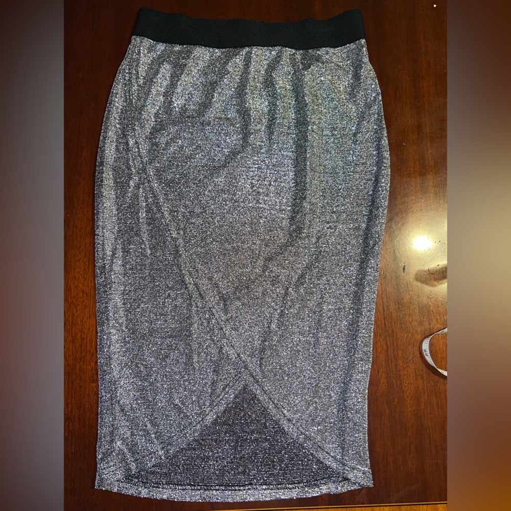 2013 Silver Metallic Knit Pencil Skirt Stretch Waist Bodycon Midi Skirt L